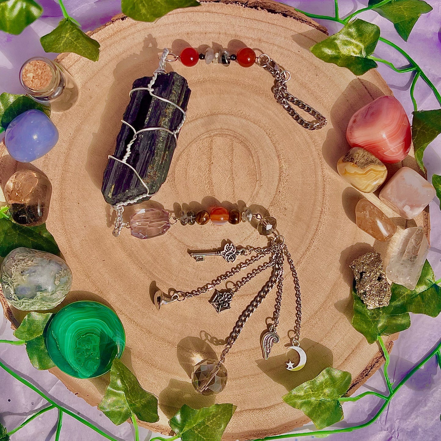 witches cupboard suncatcher / wall hanging ~ black tourmaline, carnelian, tourmaline in quartz, snowflake obsidian & tigers eye