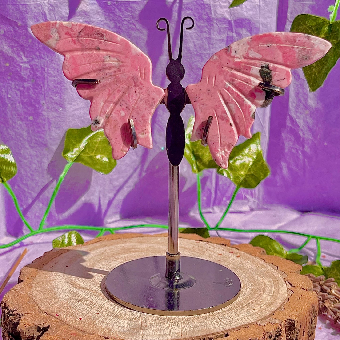 rhodonite butterfly wings on stand