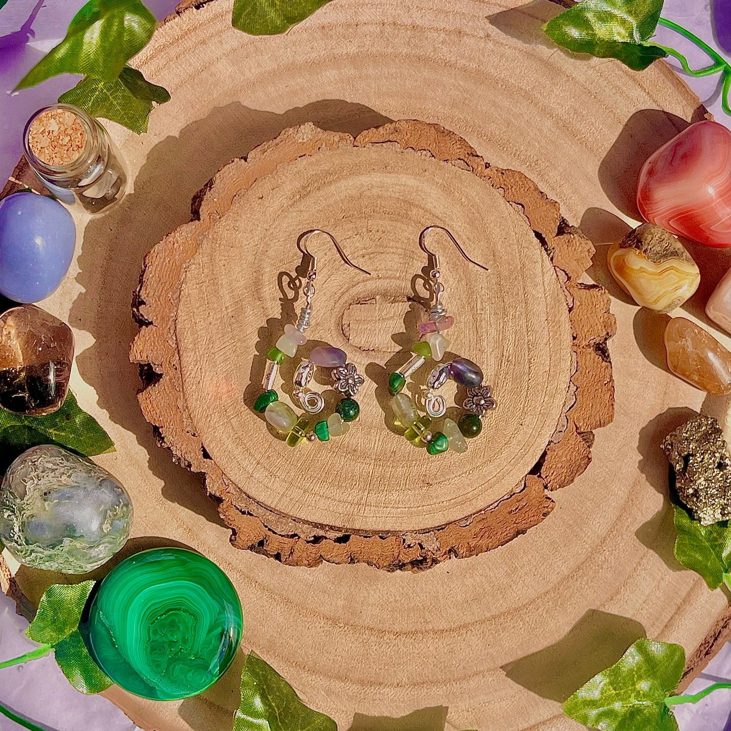 forest spiral earrings ~ fluorite, moss agate, aventurine, new jade & malachite on 925 hooks