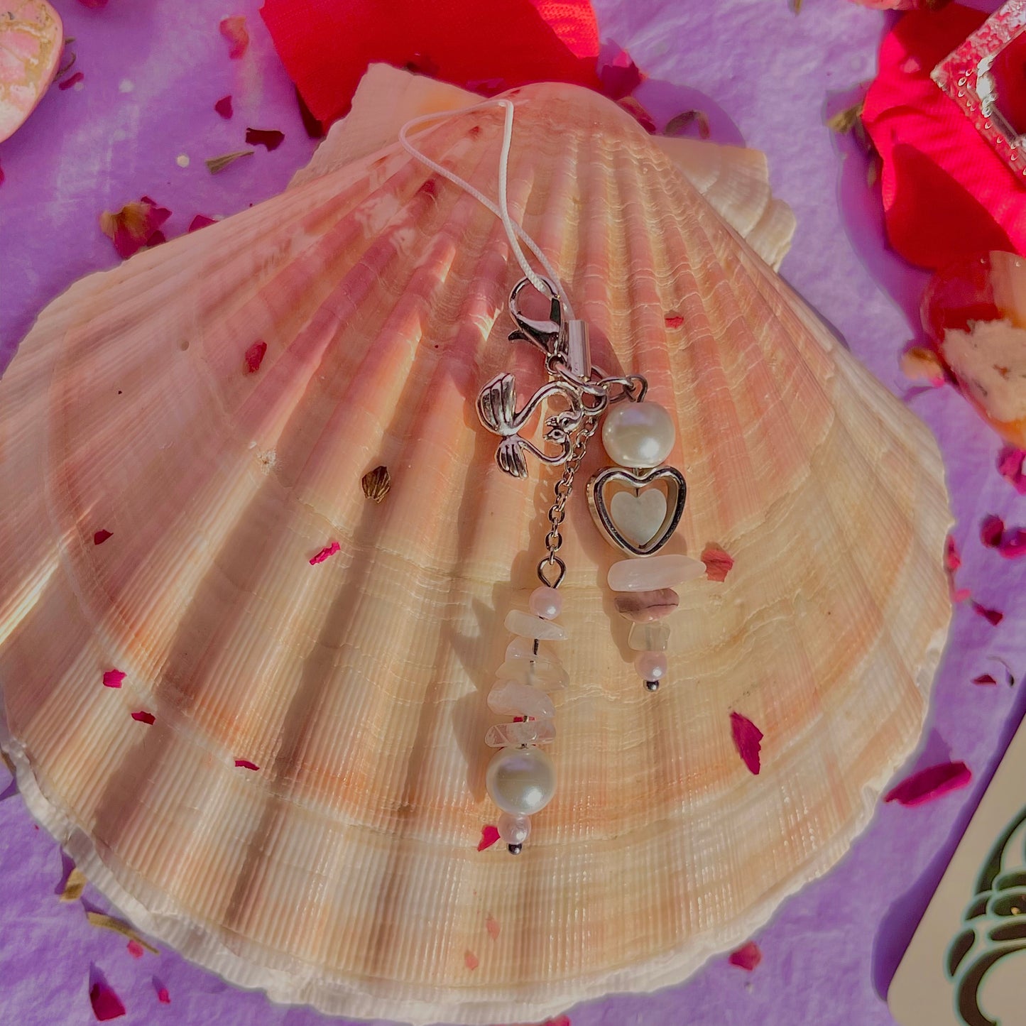 new love phone charm ~ amazonite, moonstone, rhodonite, rose quartz & faux pearls