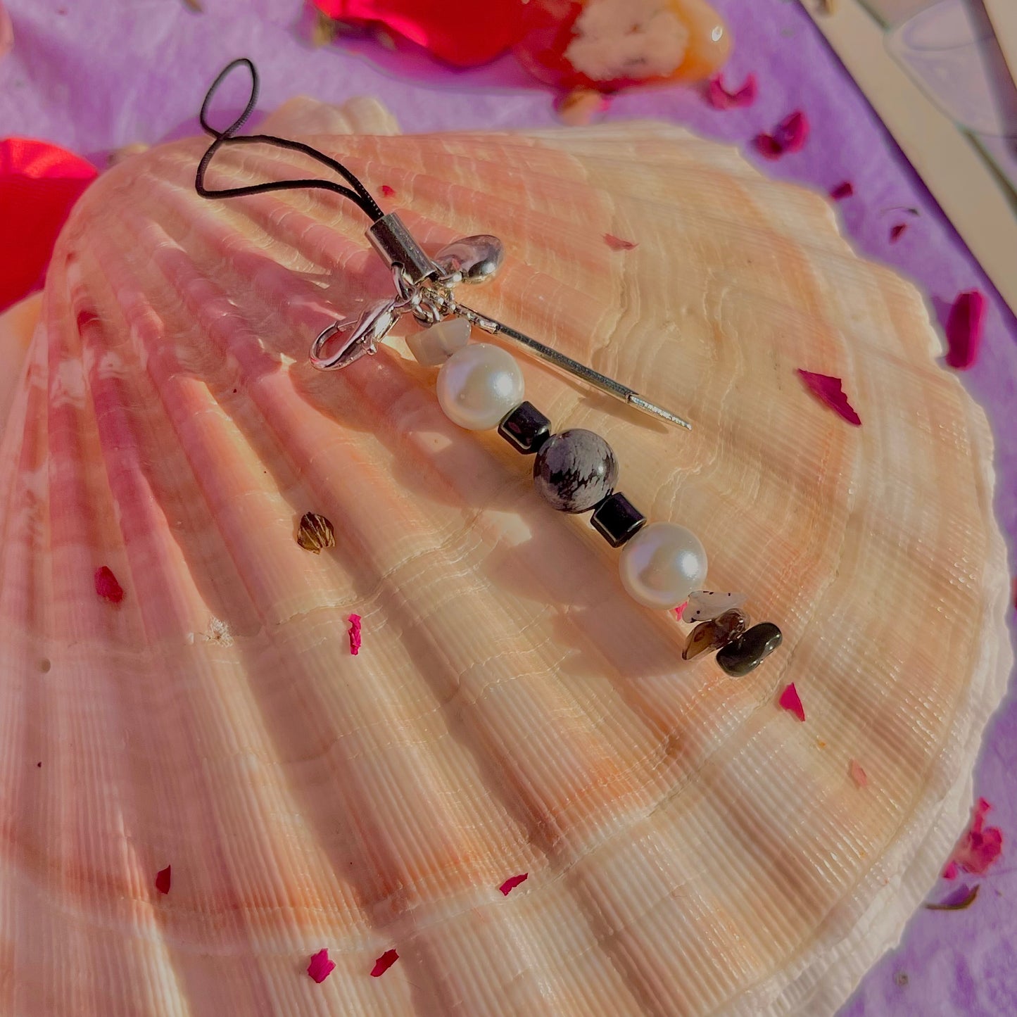 arrow through the heart phone charm ~ black moonstone, snowflake obsidian, hematite, tourmalinated quartz, smokey quartz, black obsidian & faux pearls