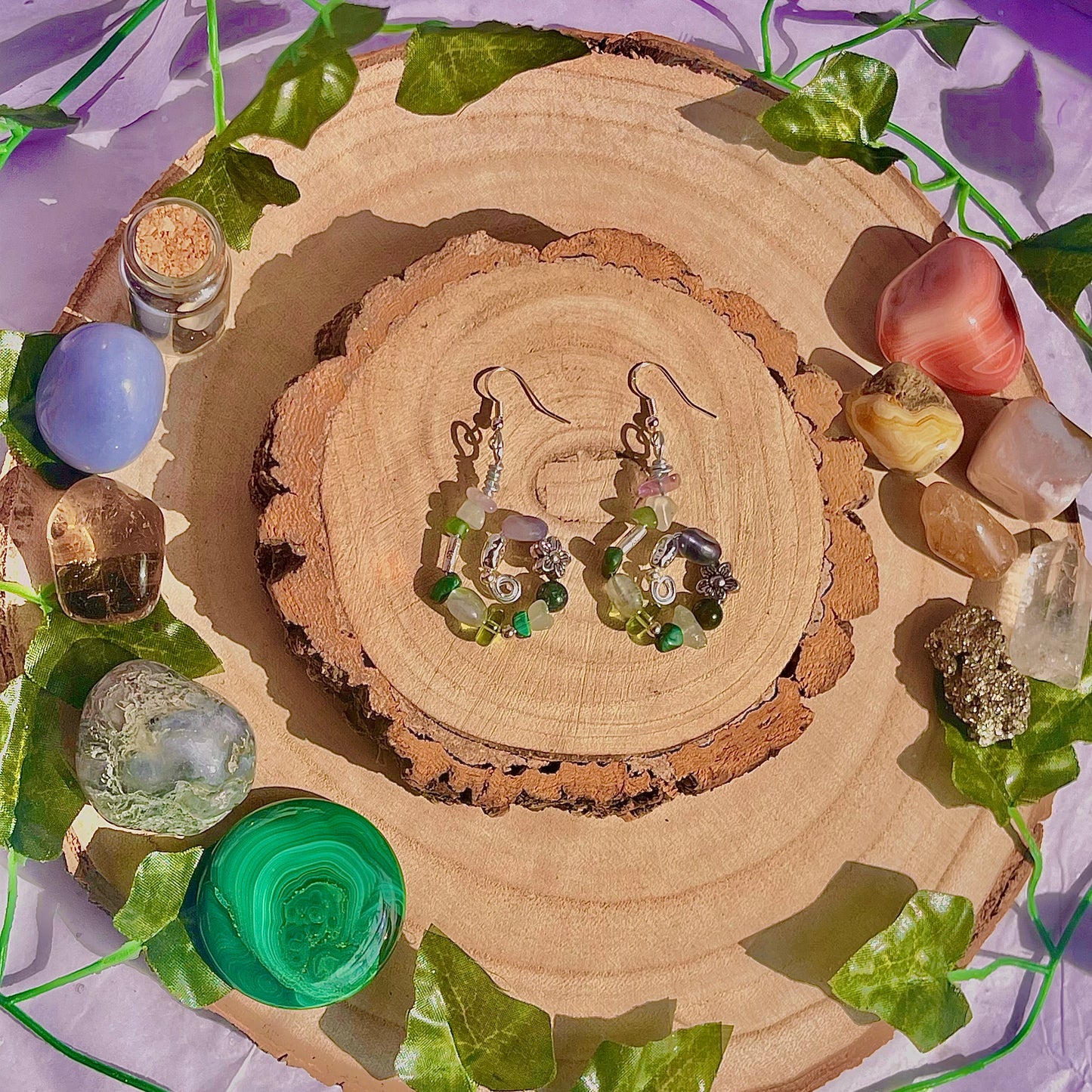 forest spiral earrings ~ fluorite, moss agate, aventurine, new jade & malachite on 925 hooks