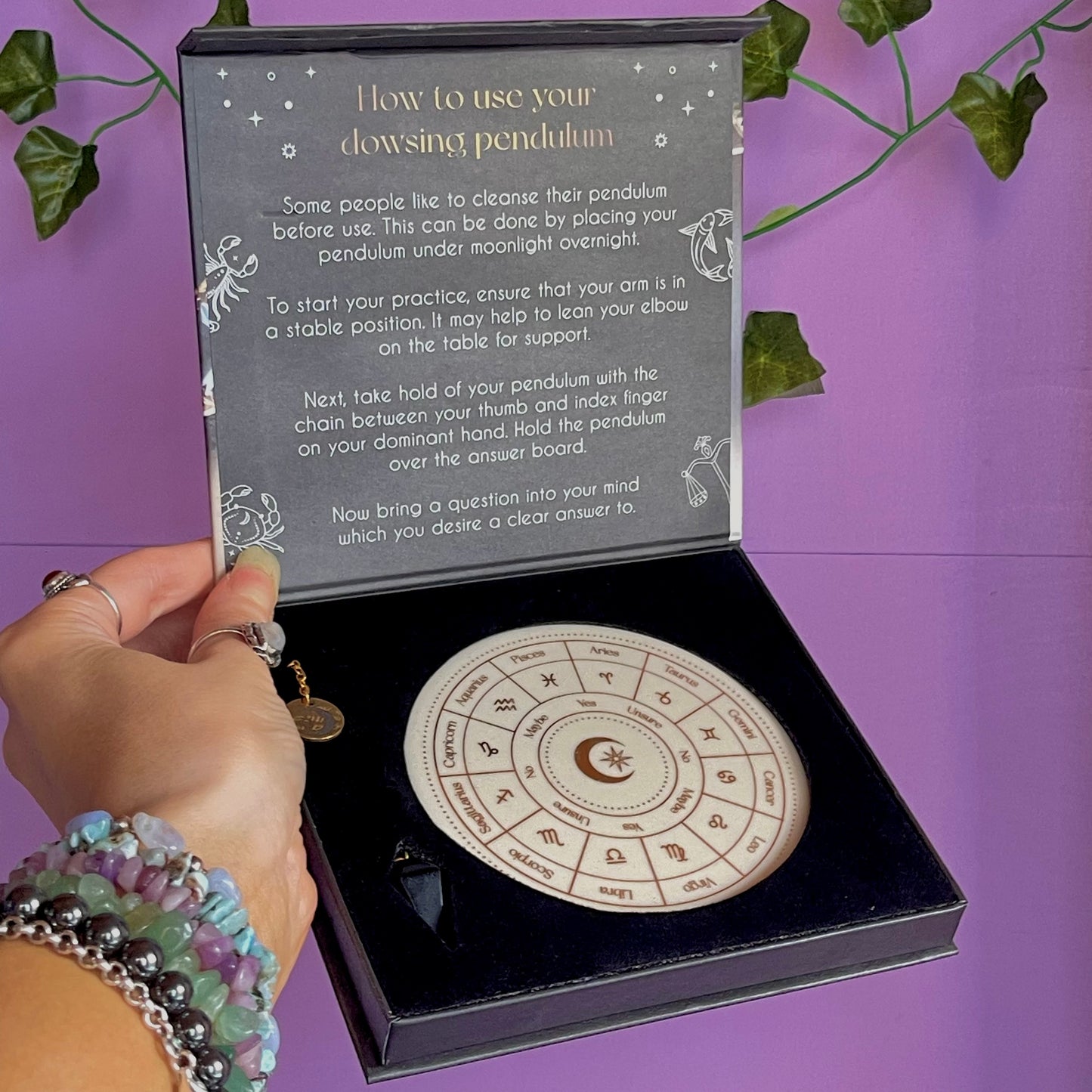 astrology wheel pendulum ceramic divination set ~ with black obsidian pendulum