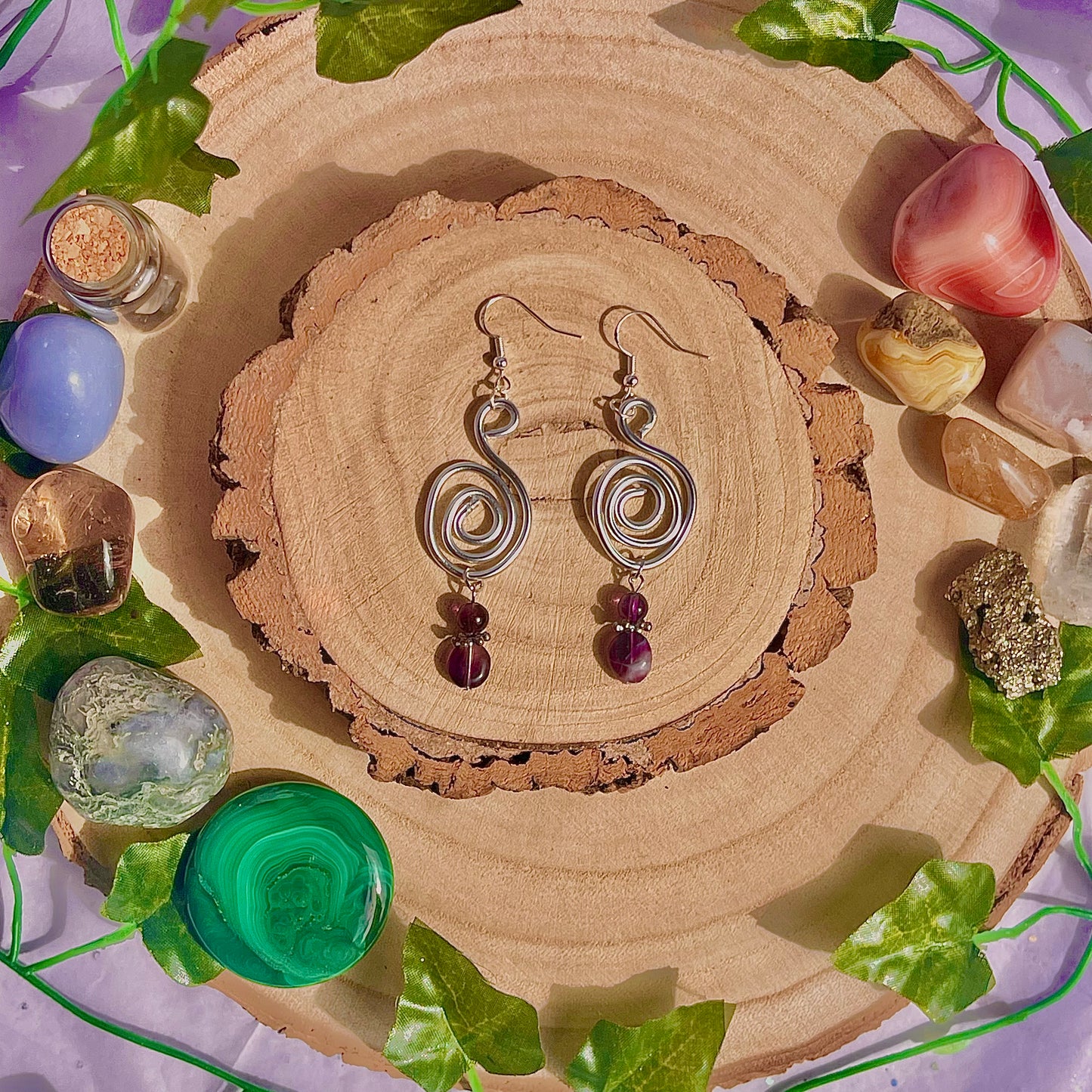 spiral swirl earrings ~ amethyst & fluorite on 925 hooks (aluminium wire)
