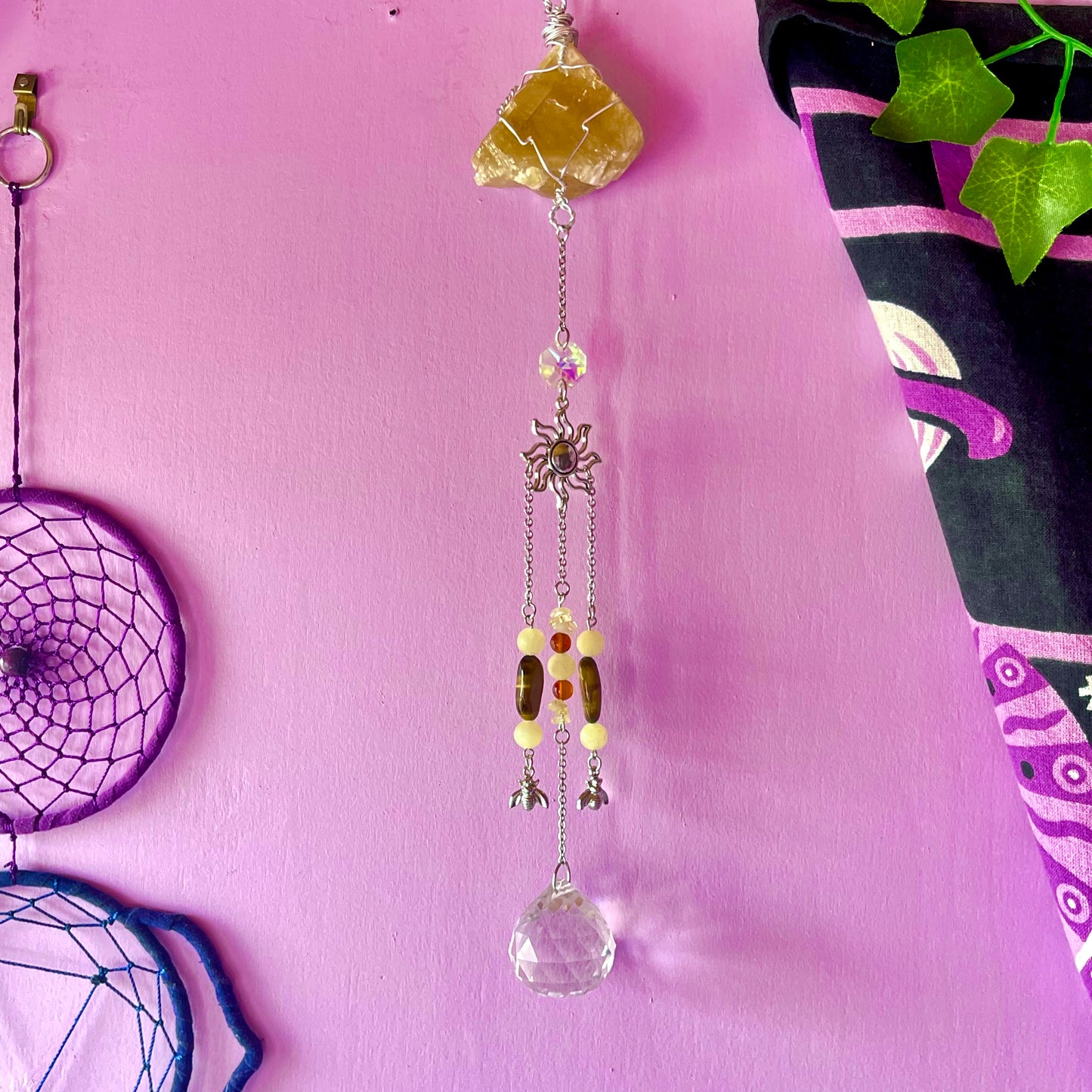 honey bee sun catcher - honey calcite, carnelian, tigers eye & calcite