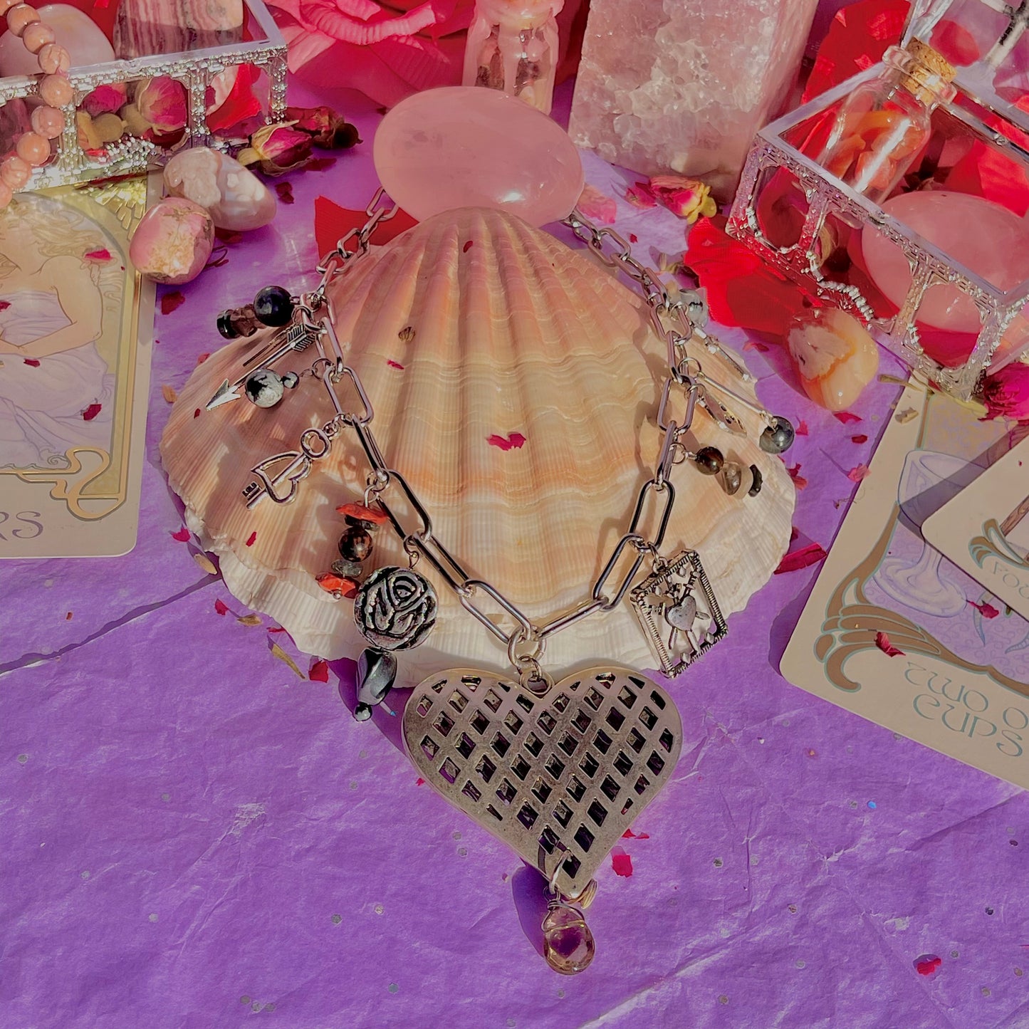 healing heart stainless steel charm necklace ~ smokey quartz, hematite, snowflake & mahogany obsidian, tourmalinated quartz, red jasper, red tigers eye, black moonstone & larvikite