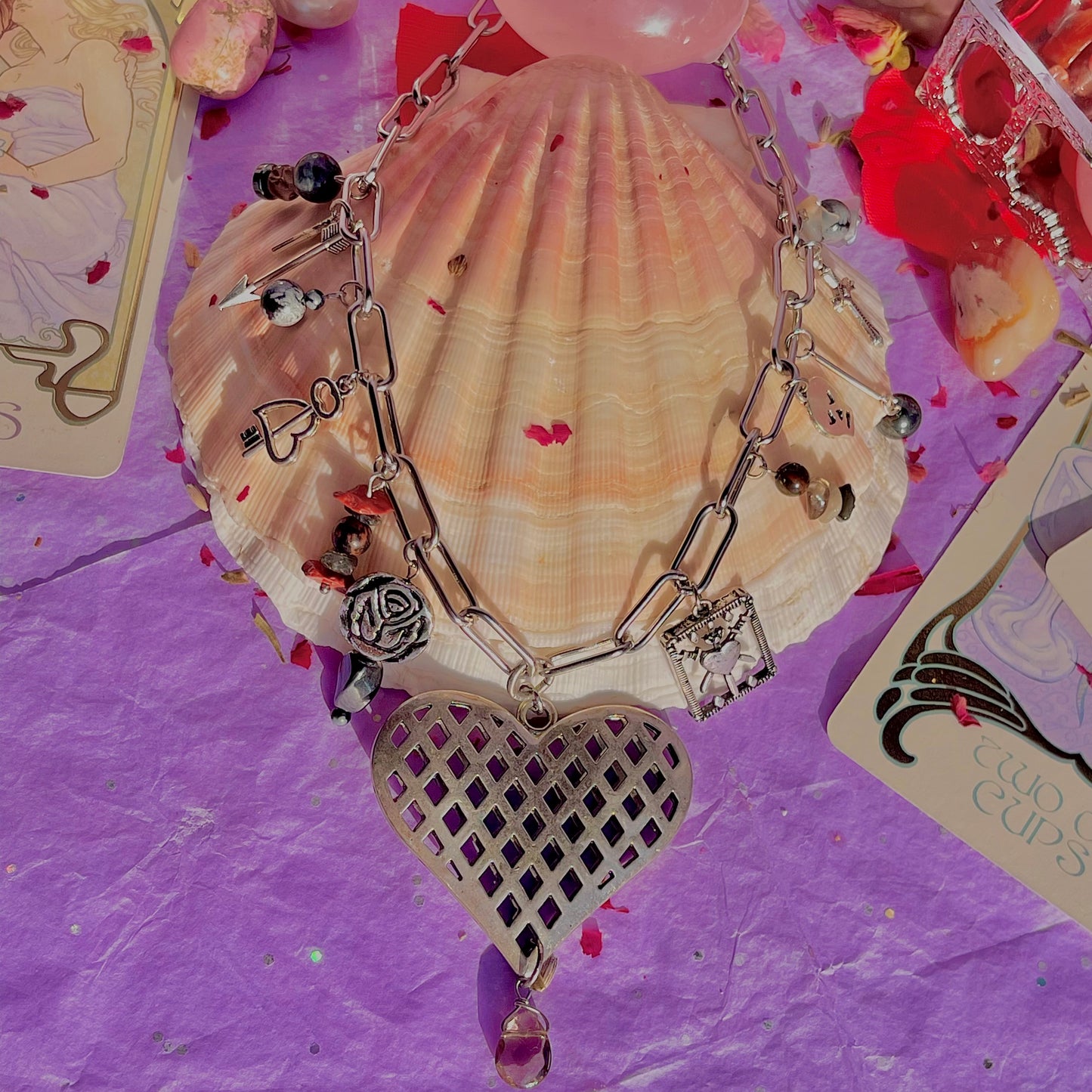 healing heart stainless steel charm necklace ~ smokey quartz, hematite, snowflake & mahogany obsidian, tourmalinated quartz, red jasper, red tigers eye, black moonstone & larvikite
