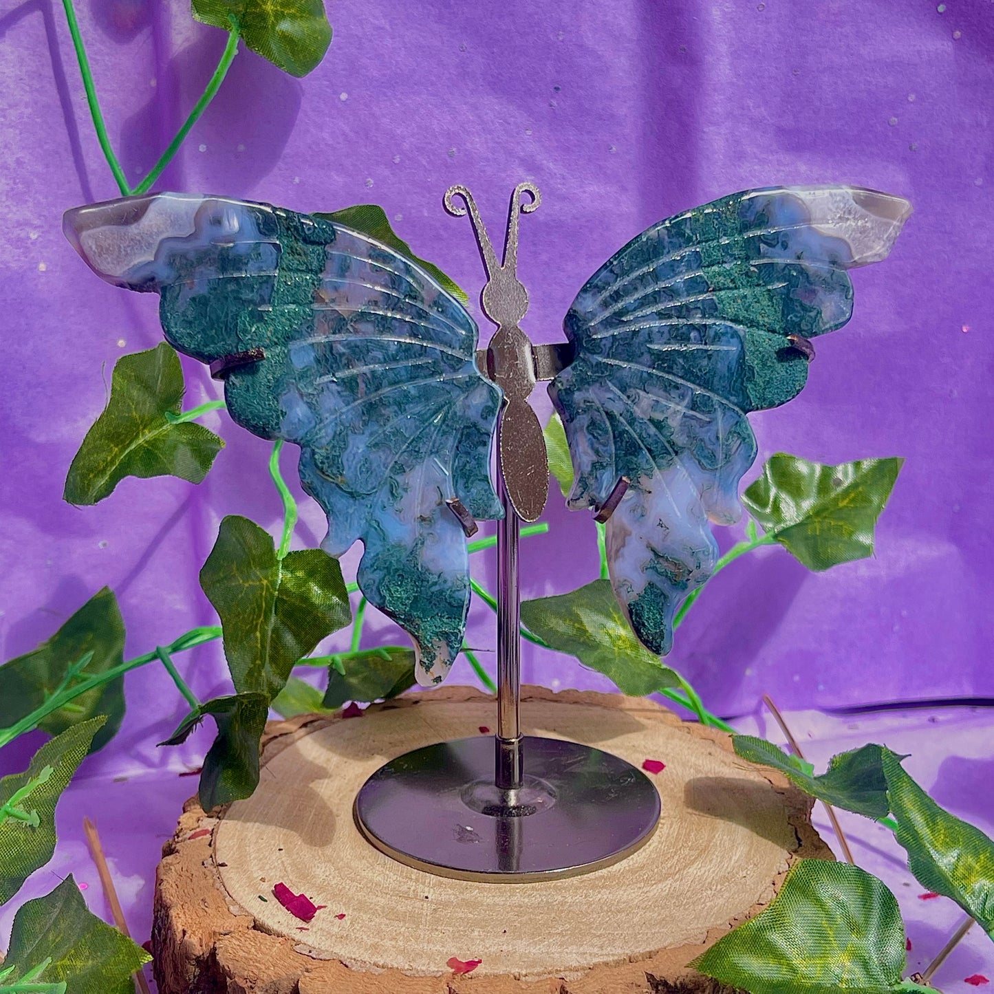 moss agate butterfly wings on stand
