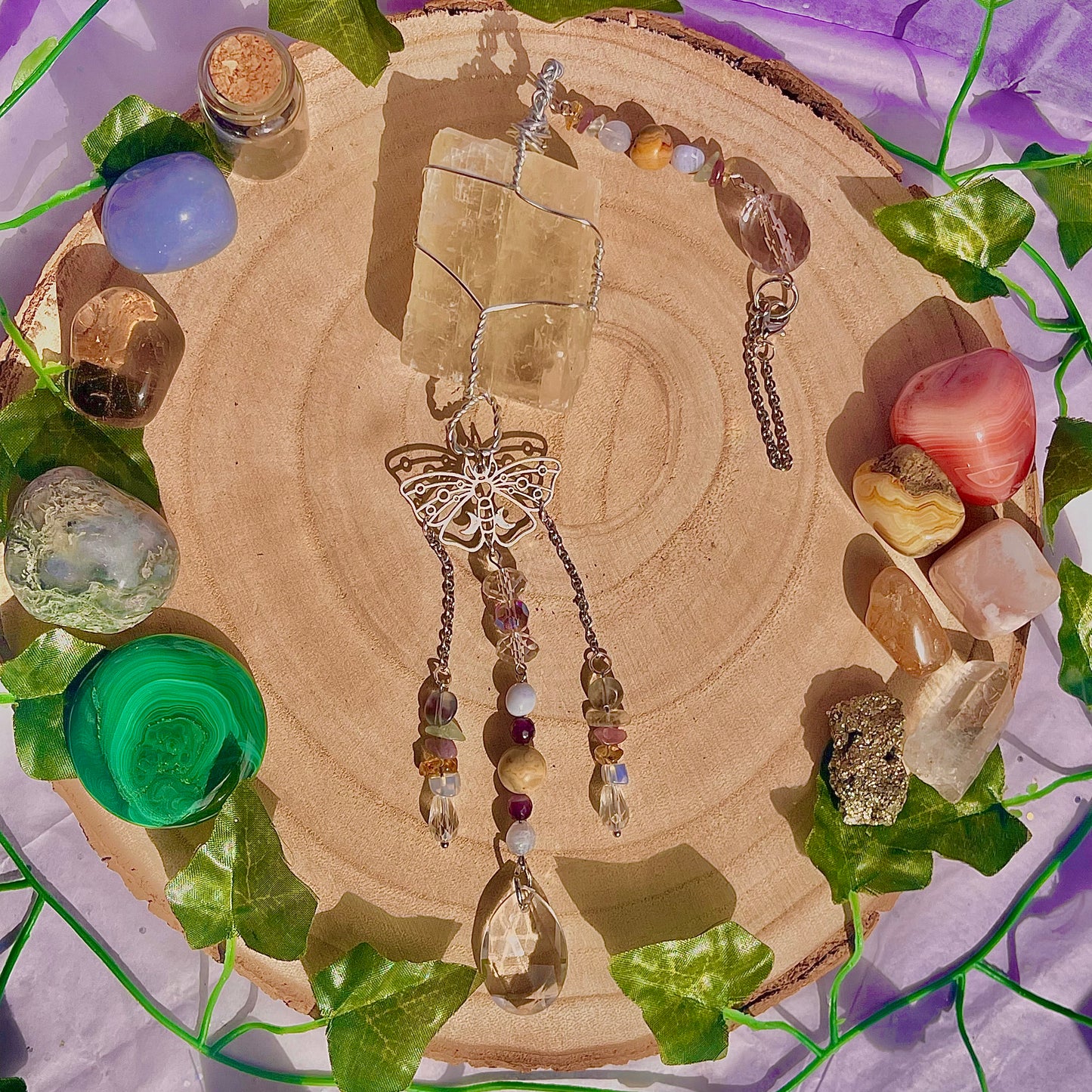 butterfly garden suncatcher / wall hanging ~ optical calcite, crazy lace, blue lace, citrine, lepidolite, fluorite & amethyst
