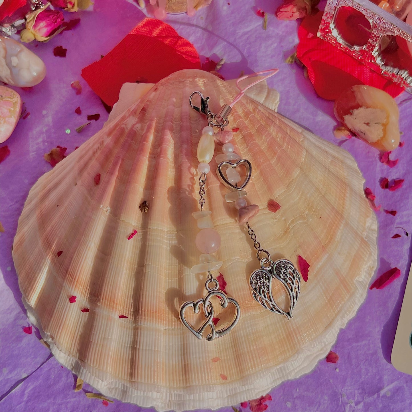 angel heart phone charm ~ rose quartz, moonstone, rhodonite & faux pearls