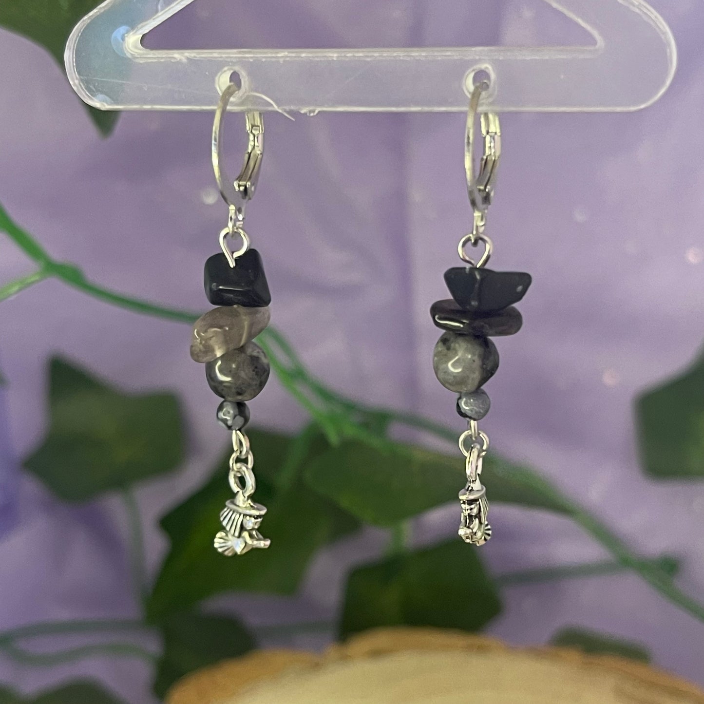witches earrings (obsidian, smokey quartz, larvikite, snowflake obsidian)