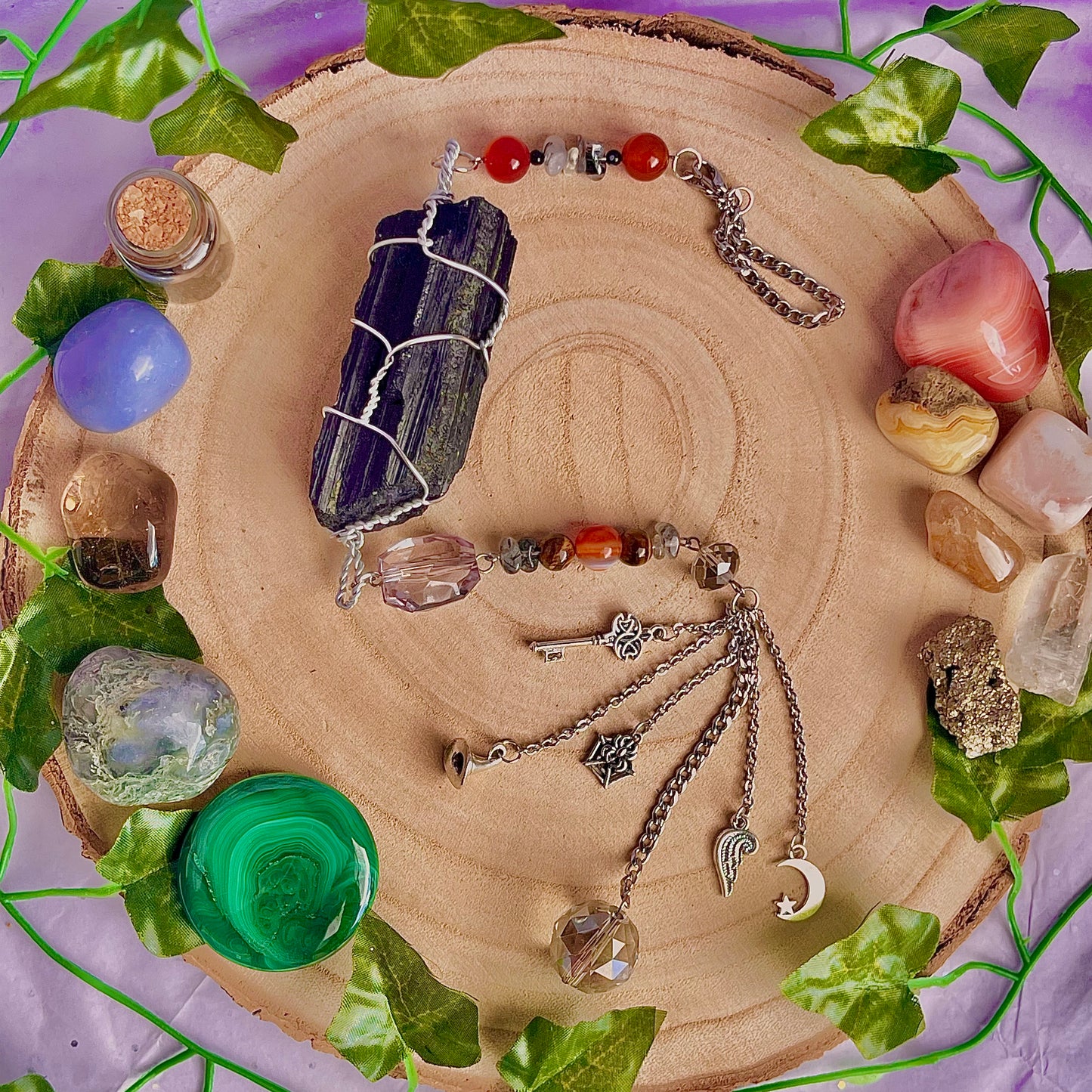 witches cupboard suncatcher / wall hanging ~ black tourmaline, carnelian, tourmaline in quartz, snowflake obsidian & tigers eye