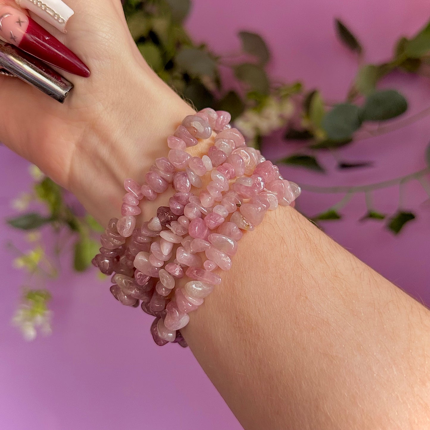 lavender rose quartz chip bracelet