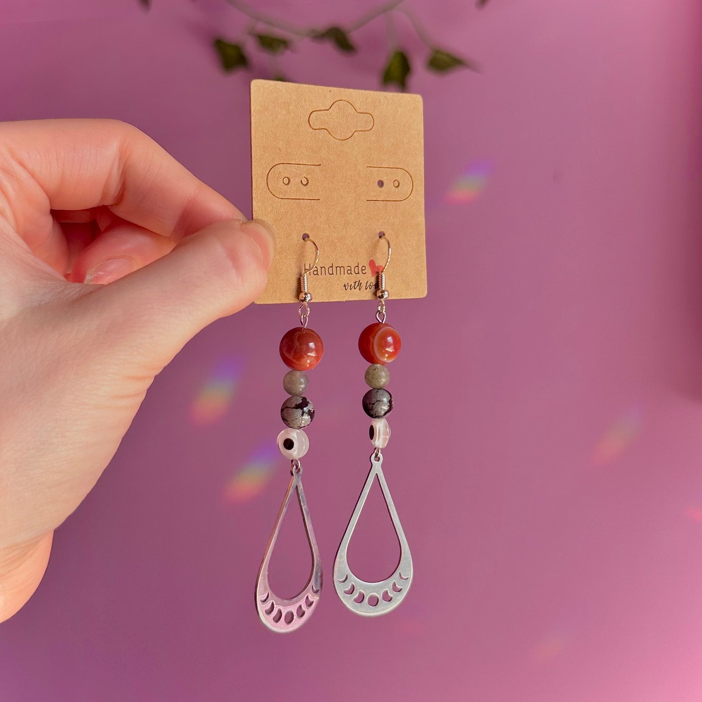 moon phase earrings on 925 hooks ~ carnelian, snowflake obsidian, labradorite