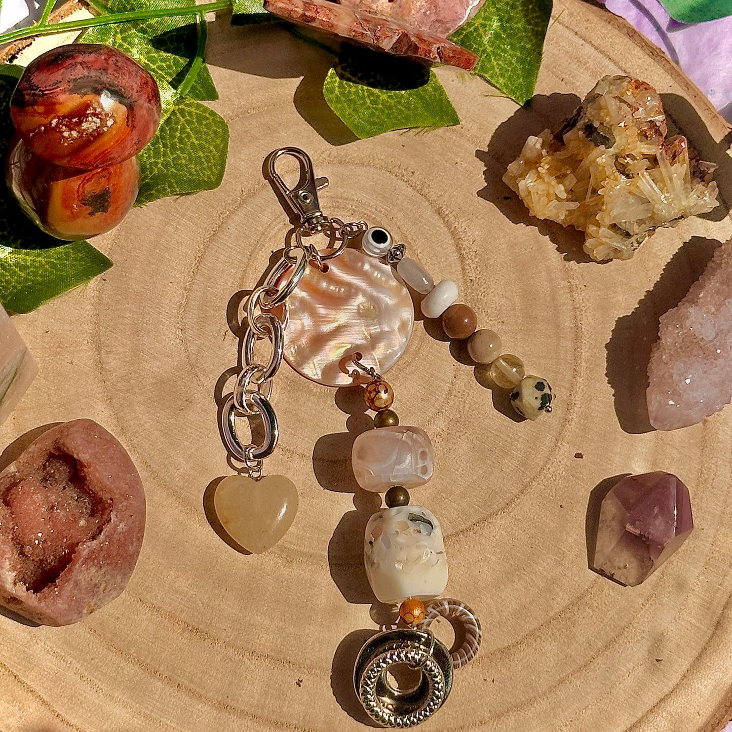 natural bag charm ~ dalmatian jasper, mookaite, ocean jasper, howlite, labradorite & orange aventurine