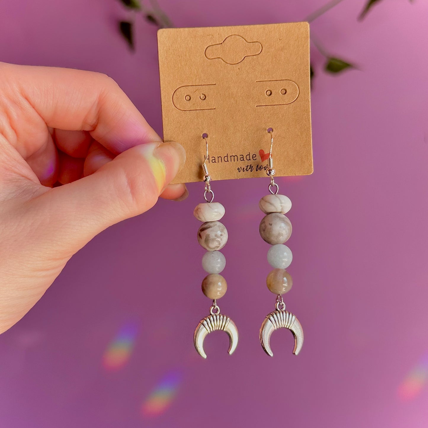 moon earrings on 925 hooks ~ howlite, crazy lace agate, aquamarine, mookaite