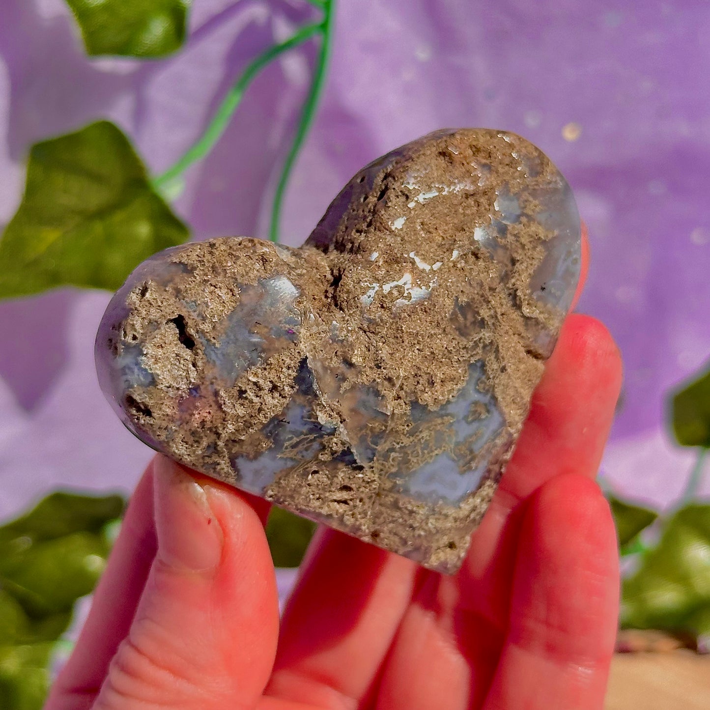 moss agate heart carving with stand