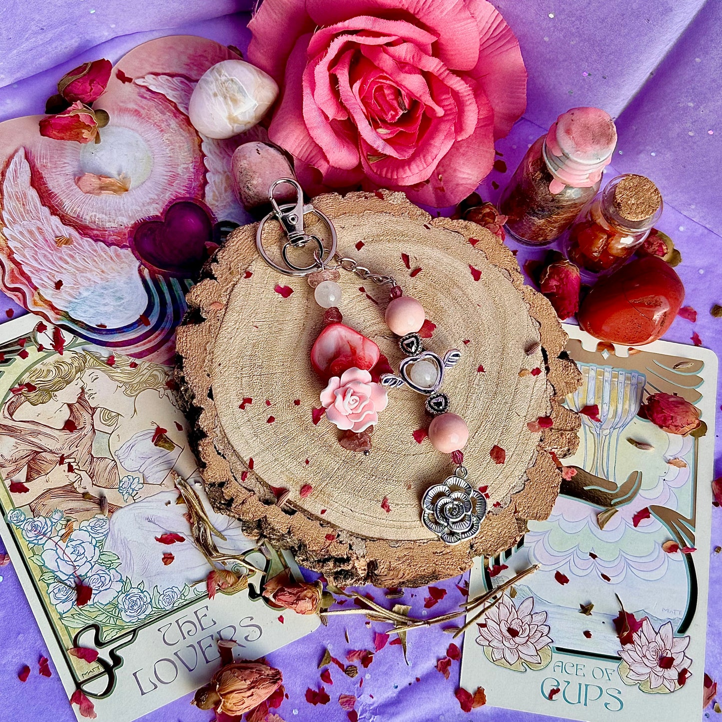 breloque de sac / porte-clés ange rose ~ quartz rose & quartz fraise