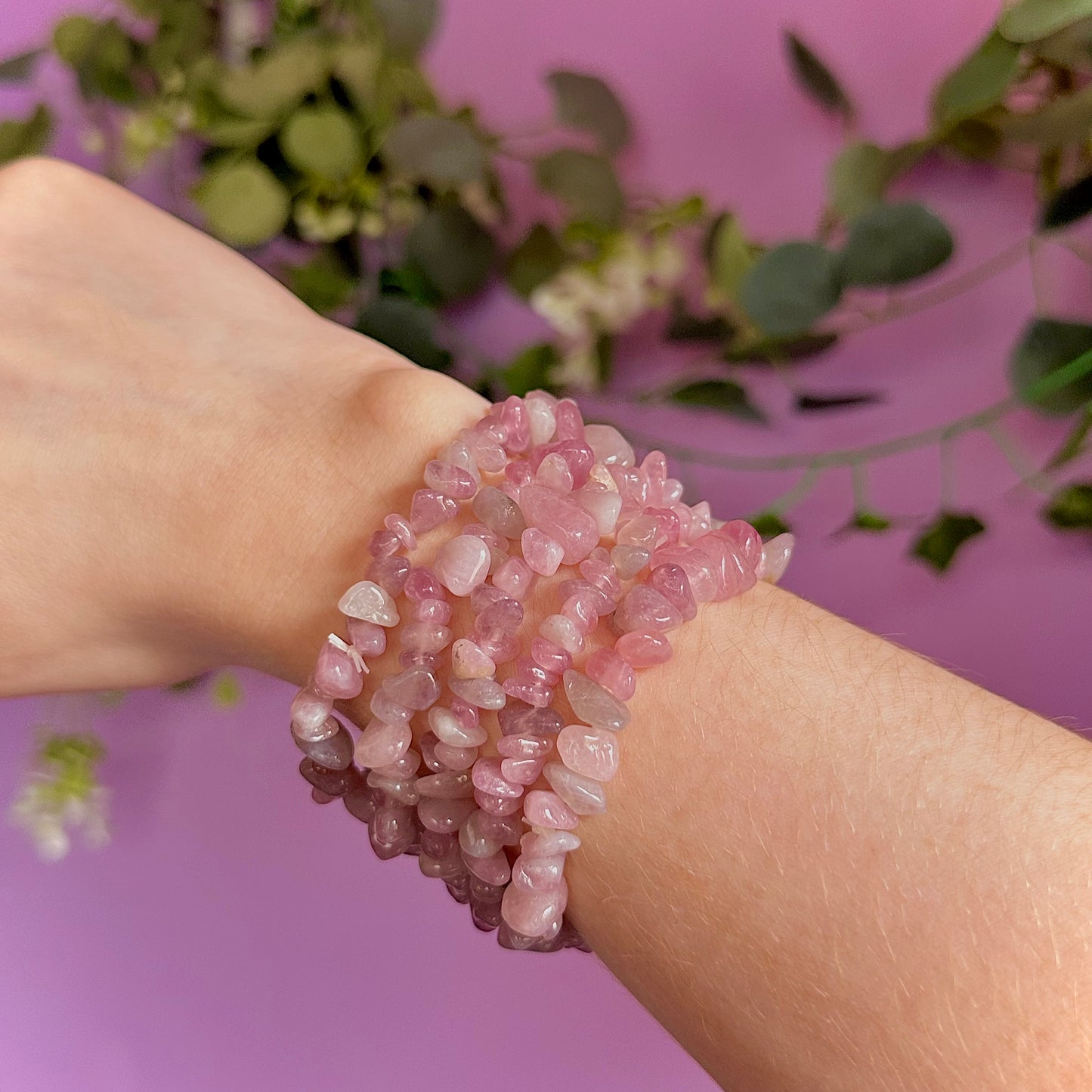 lavender rose quartz chip bracelet