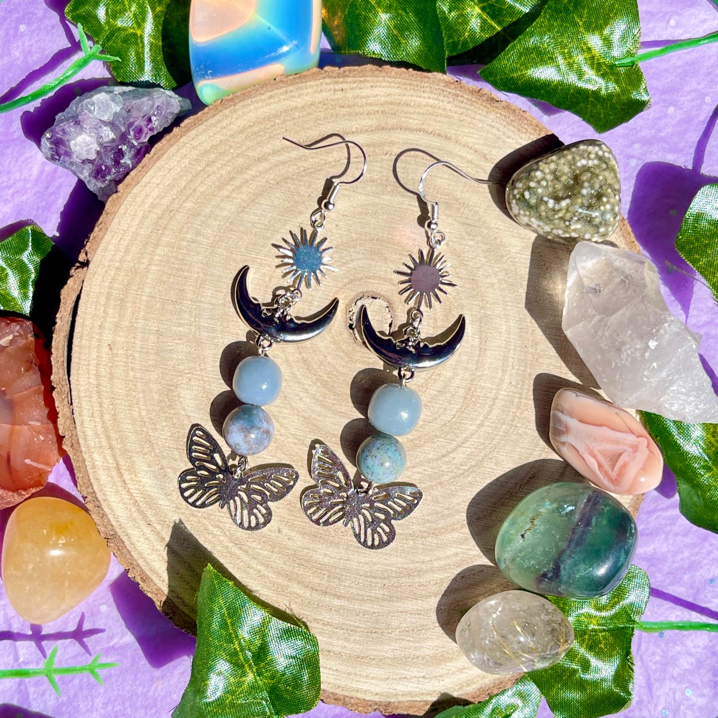 summer wings earrings - angelite & moss agate on 925 hooks