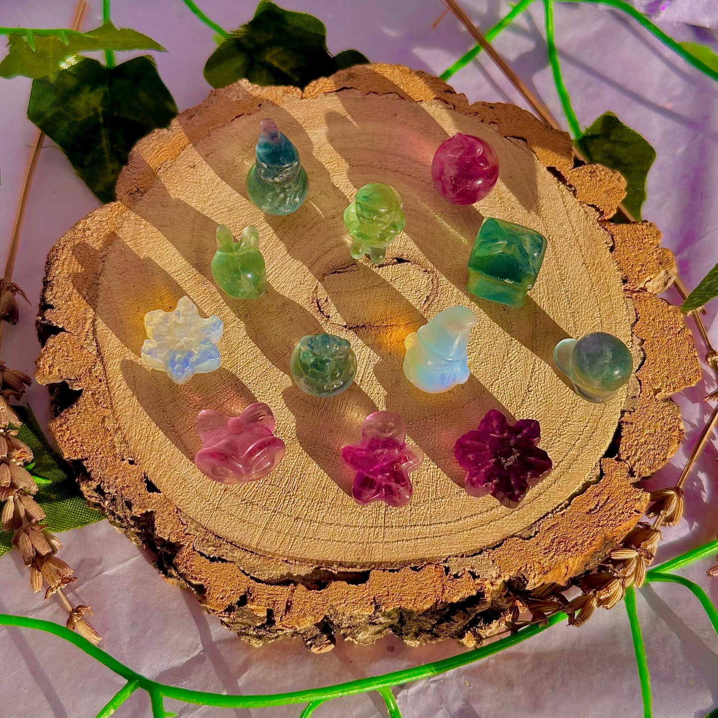 rainbow fluorite & opalite mini mystery christmas carvings ~ intuitively chosen