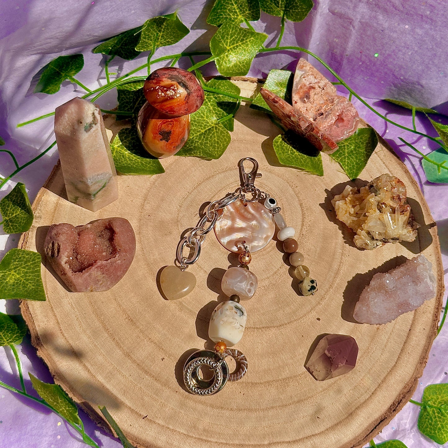 natural bag charm ~ dalmatian jasper, mookaite, ocean jasper, howlite, labradorite & orange aventurine