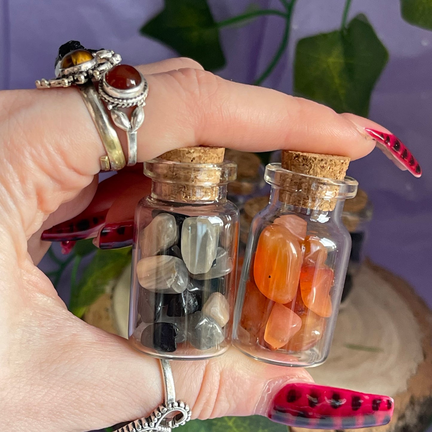 crystal vials - carnelian, black tourmaline & black moonstone