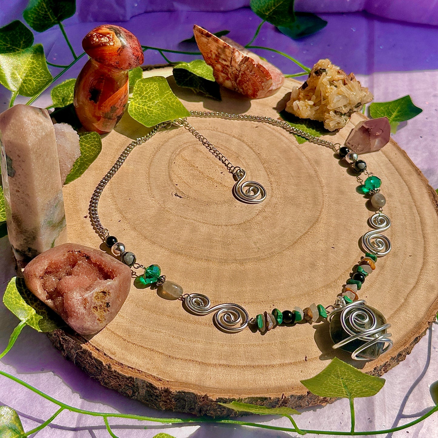 natures transformation necklace ~ labradorite, malachite, obsidian, snowflake obsidian, tigers eye, quartz