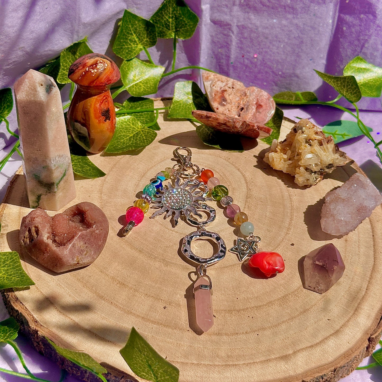 summer mixture bag charm ~ rose quartz, aquamarine, fluorite, lepidolite, peridot, citrine, blue howlite