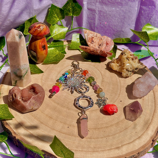 summer mixture bag charm ~ rose quartz, aquamarine, fluorite, lepidolite, peridot, citrine, blue howlite