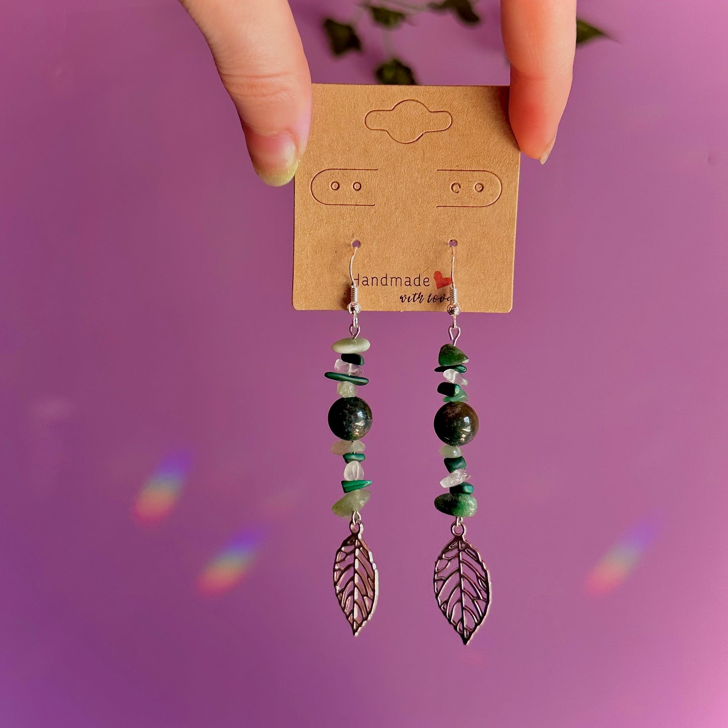 leaf earrings on 925 hooks ~ aventurine, malachite, moss agate, fluorite