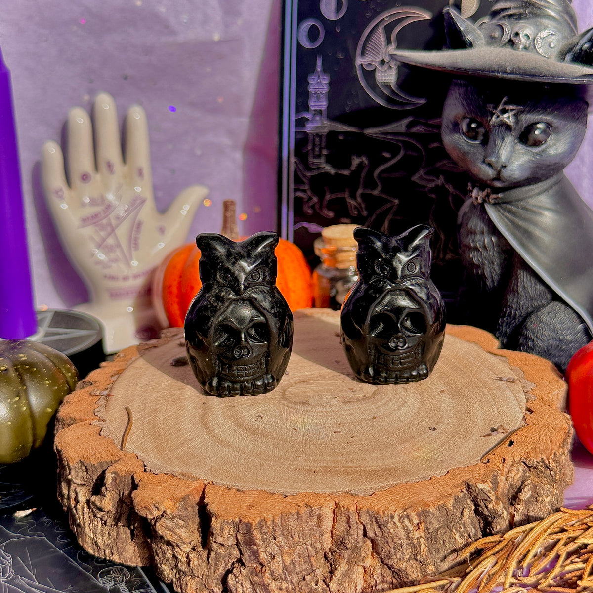 obsidian skull owl carving