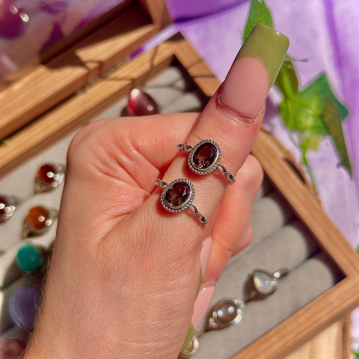 smoky quartz faceted 925 sterling silver adjustable ring