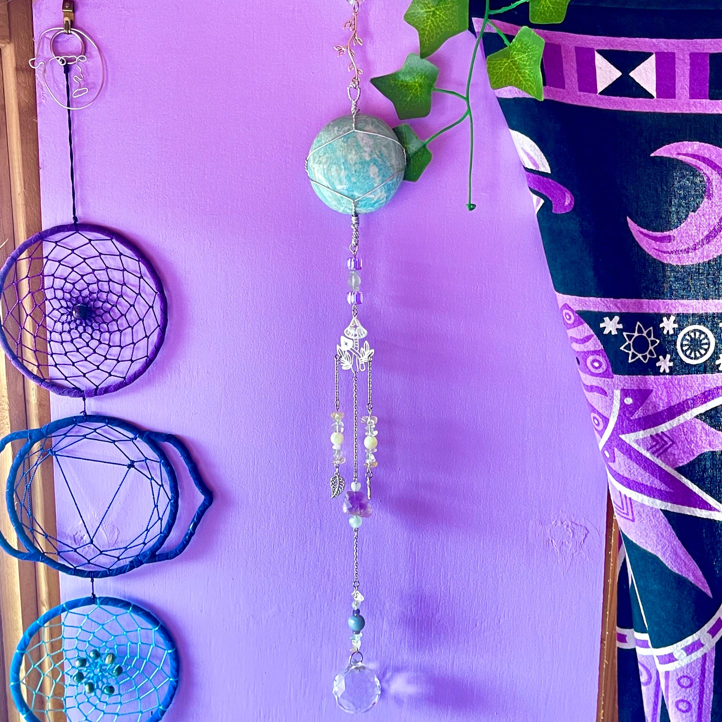 the magick tree sun catcher - amazonite, fluorite, amethyst, calcite, clear quartz, citrine & angelite