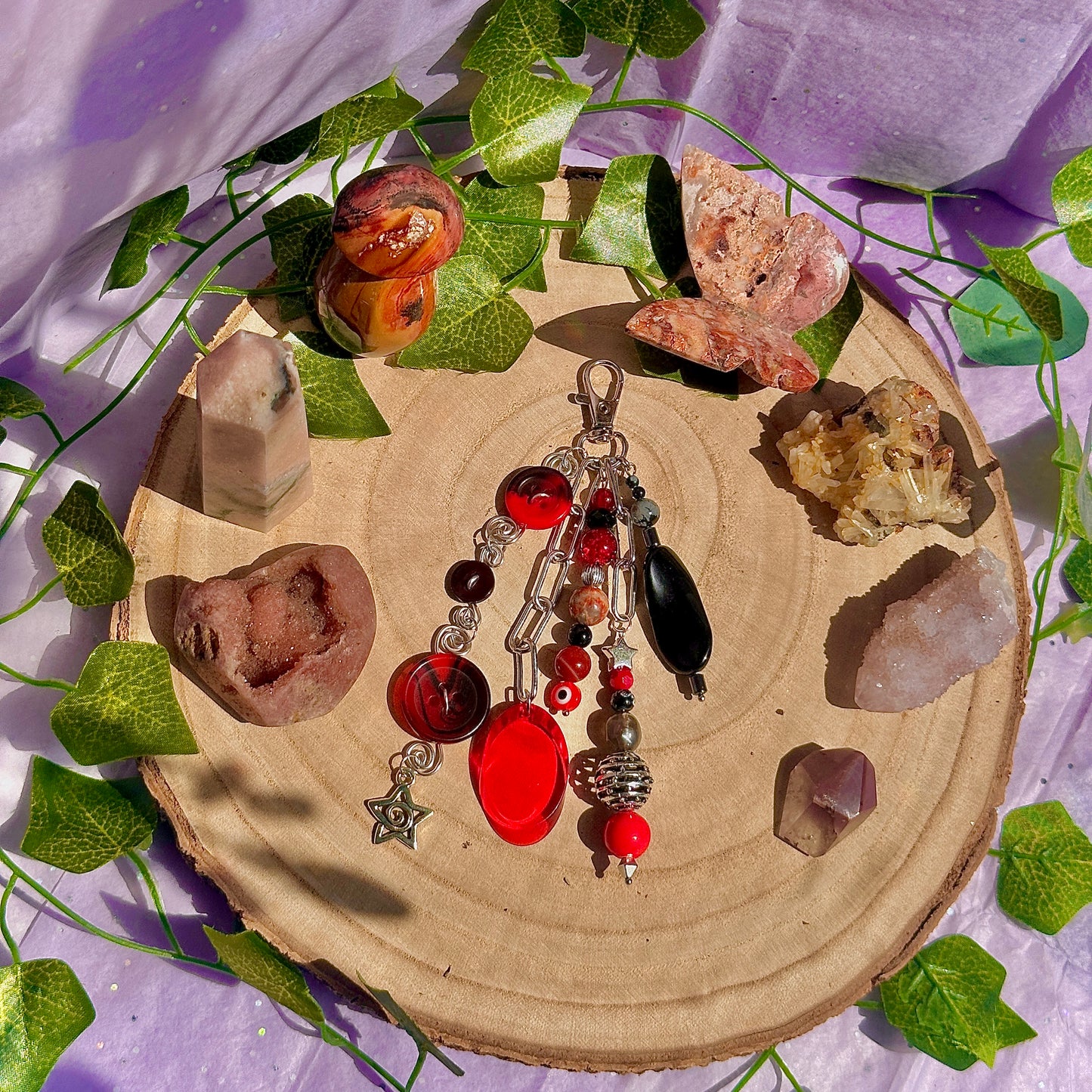 push the button bag charm ~ carnelian, obsidian, crazy lace agate, hematite, snowflake obsidian