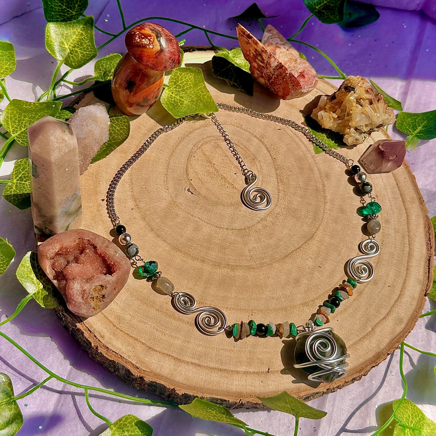 natures transformation necklace ~ labradorite, malachite, obsidian, snowflake obsidian, tigers eye, quartz