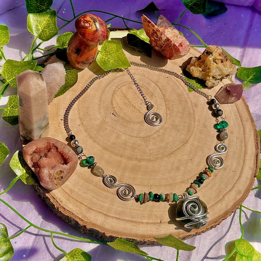 natures transformation necklace ~ labradorite, malachite, obsidian, snowflake obsidian, tigers eye, quartz