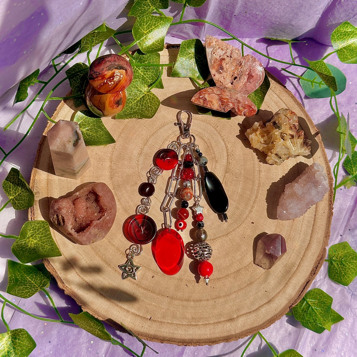 push the button bag charm ~ carnelian, obsidian, crazy lace agate, hematite, snowflake obsidian
