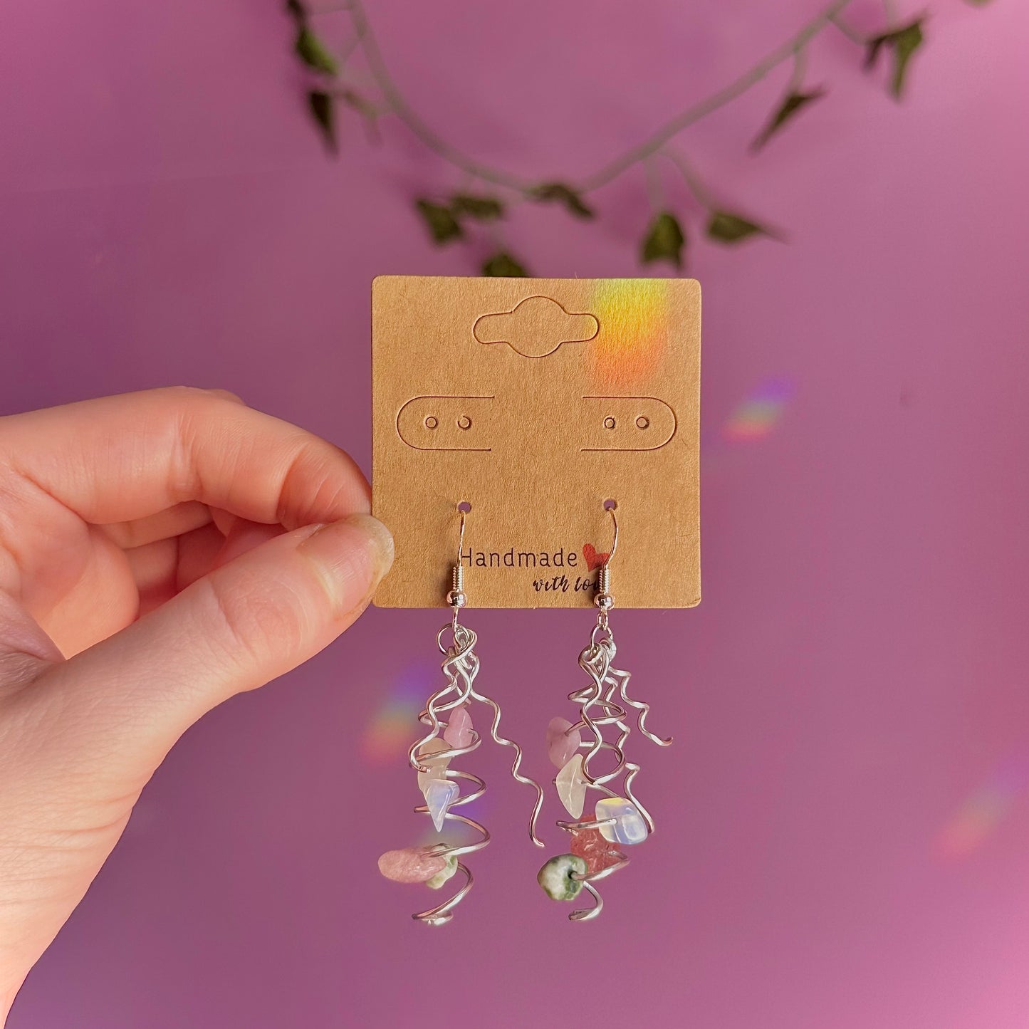spiral earrings on 925 hooks ~ opalite, tree agate, lepidolite, strawberry quartz