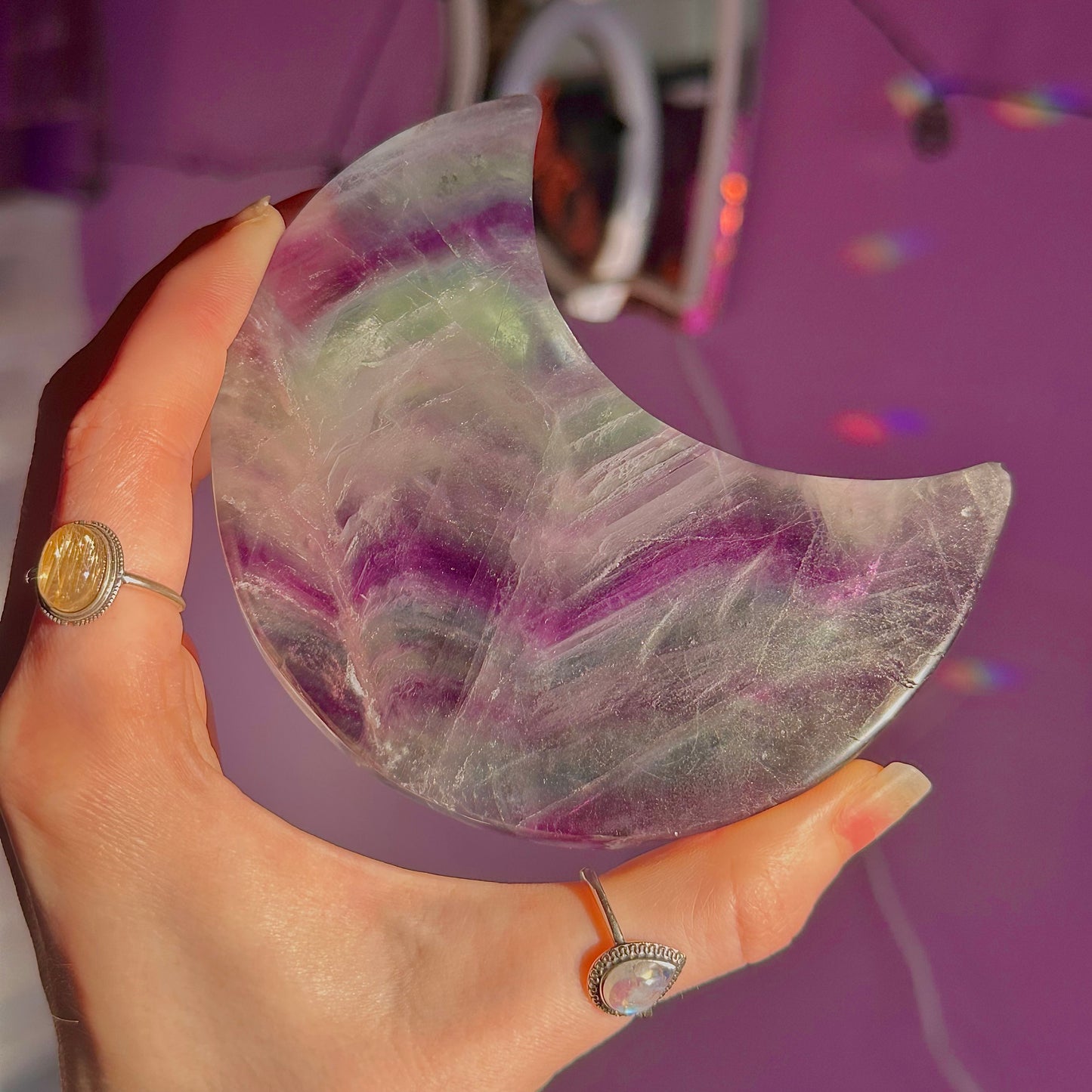 rainbow fluorite moon carving