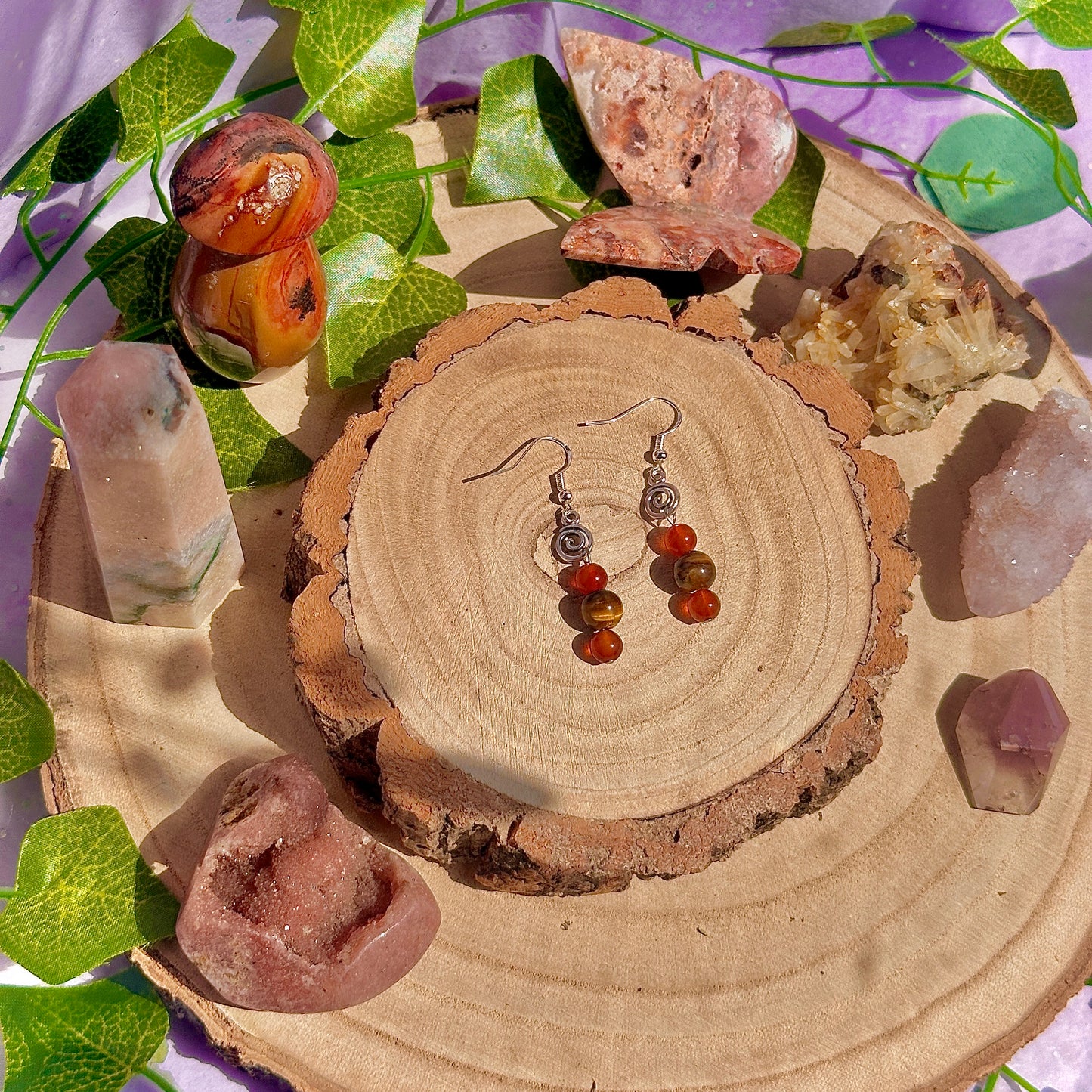 baby spiral ~ carnelian, tigers eye on 925 hooks