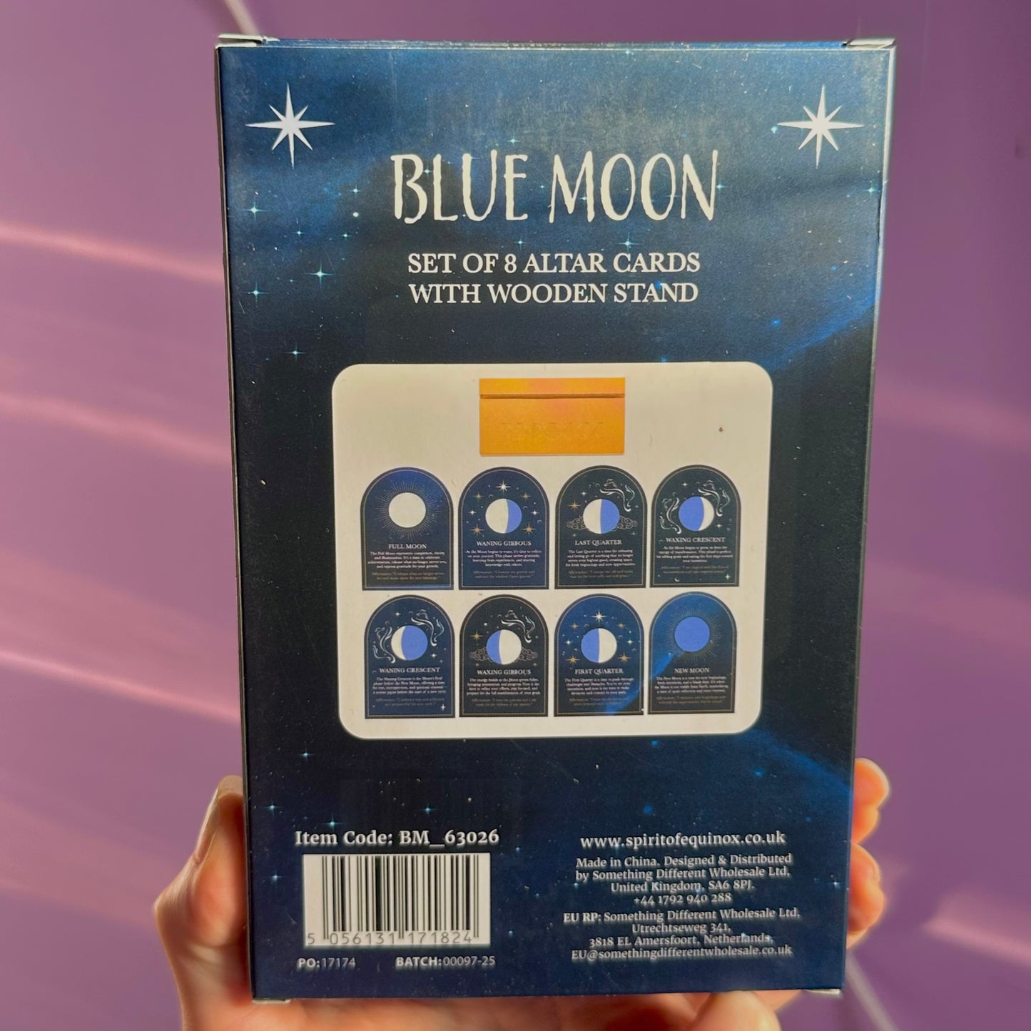 set of 8 moon phase cards with wooden stand