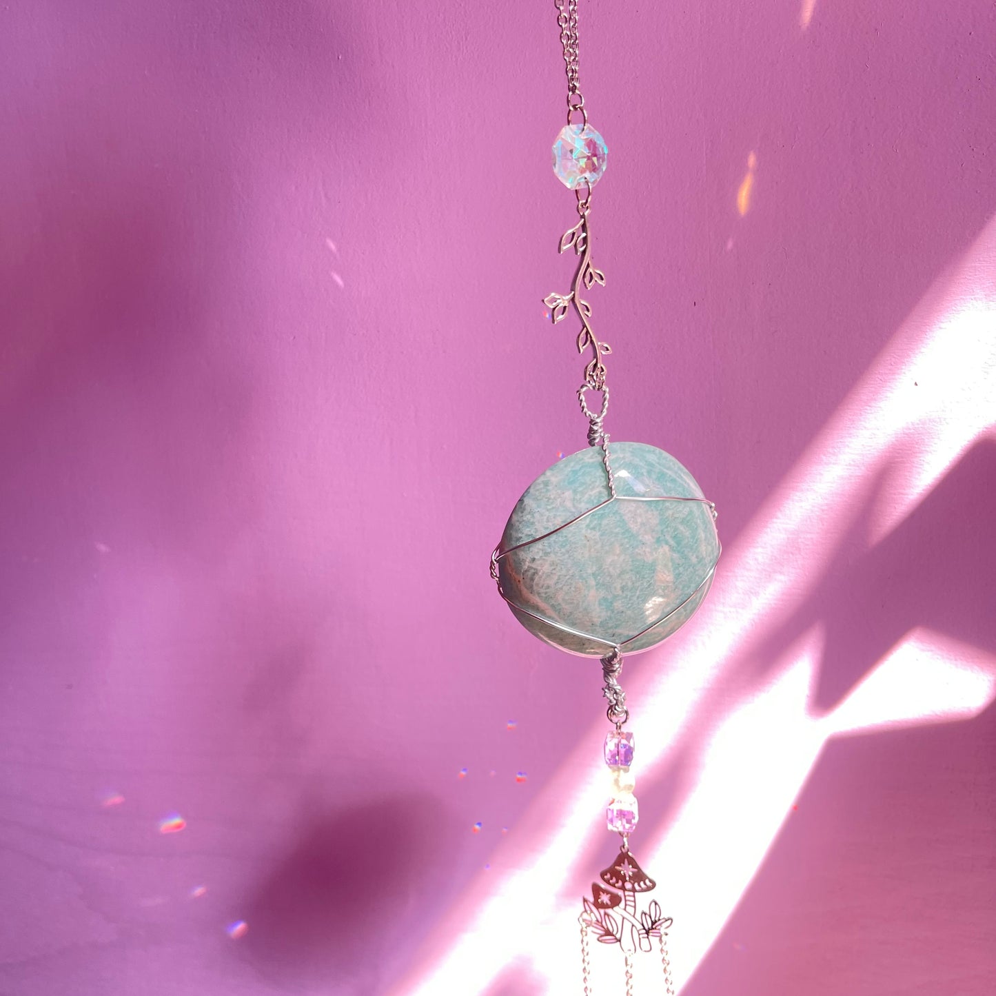 the magick tree sun catcher - amazonite, fluorite, amethyst, calcite, clear quartz, citrine & angelite