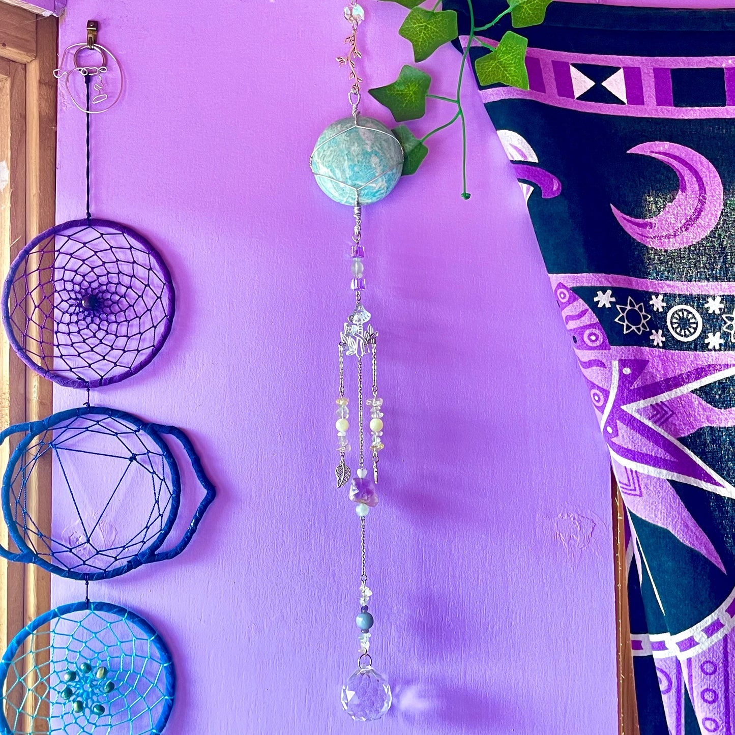 the magick tree sun catcher - amazonite, fluorite, amethyst, calcite, clear quartz, citrine & angelite
