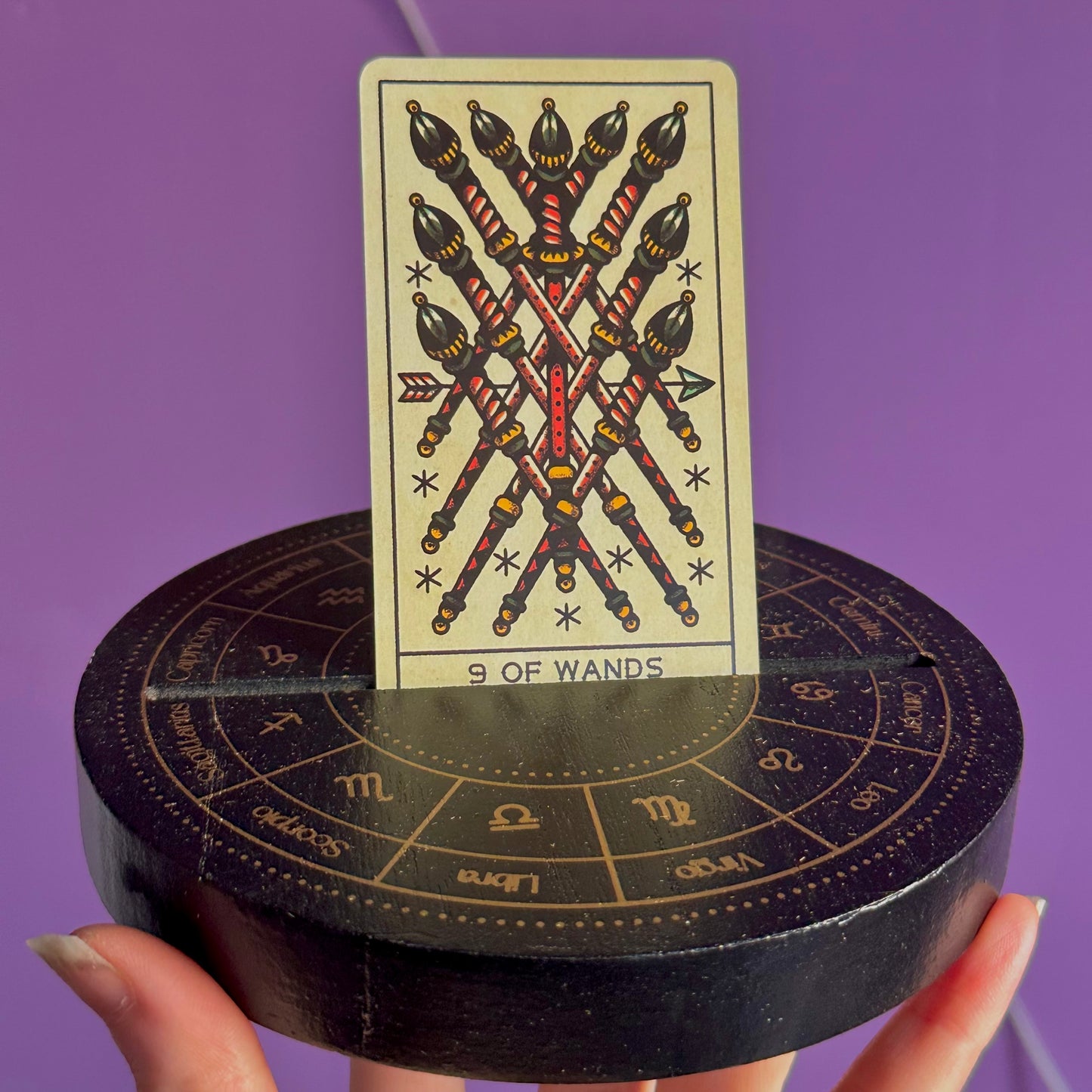 black astrology wheel tarot card stand