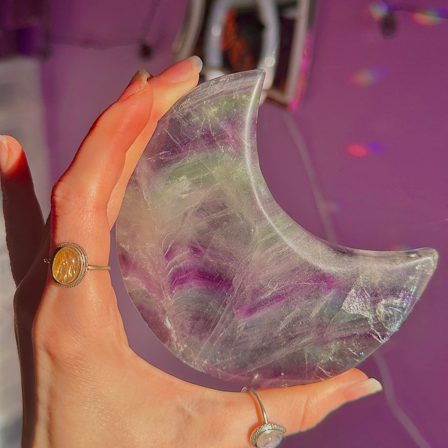 rainbow fluorite moon carving