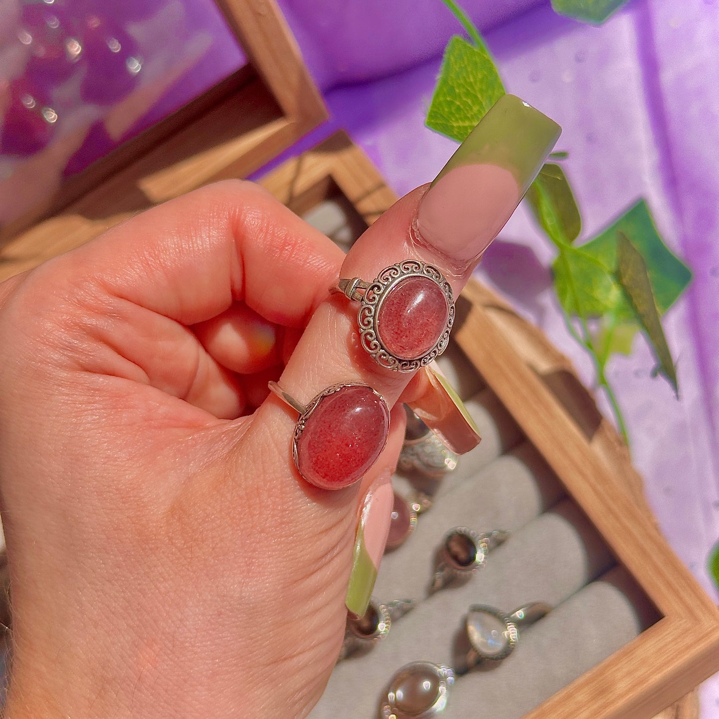strawberry quartz 925 sterling silver adjustable ring ~ style a