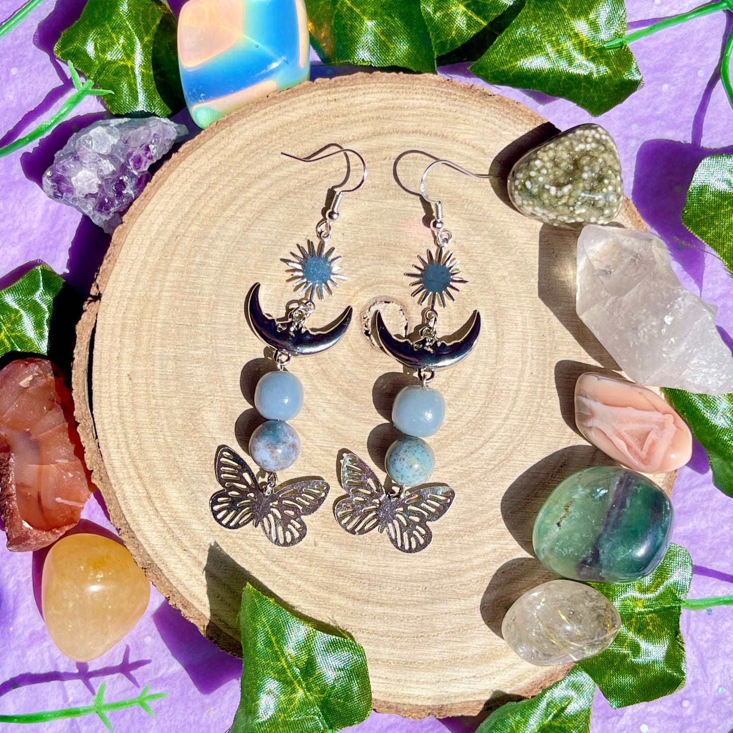 summer wings earrings - angelite & moss agate on 925 hooks