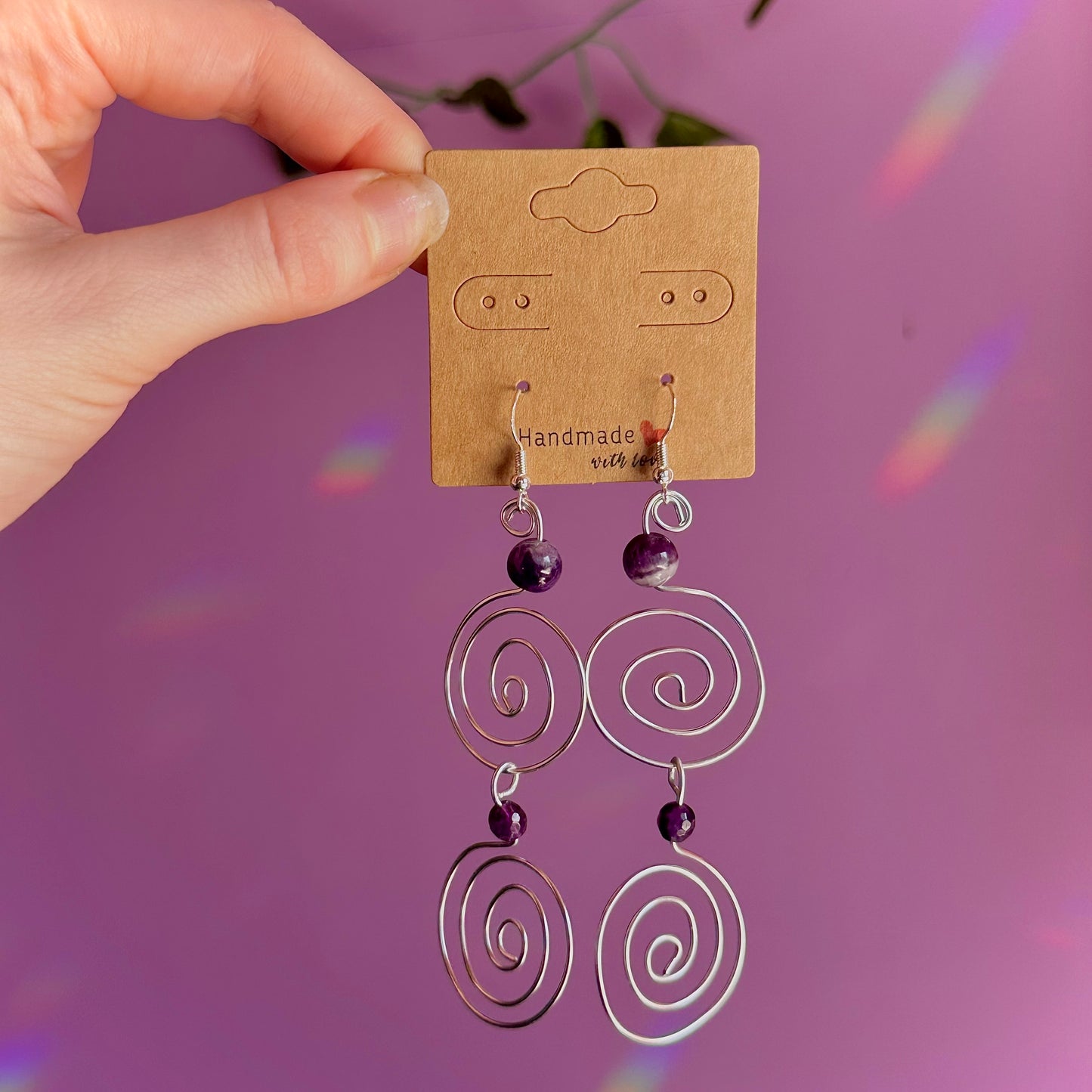 amethyst double spiral earrings on 925 hooks