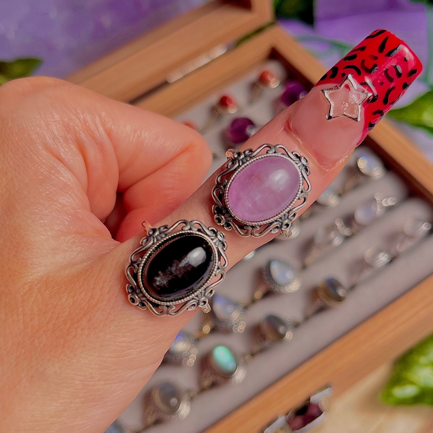 kunzite & silver sheen obsidian ~ 925 sterling silver adjustable rings / choose your own